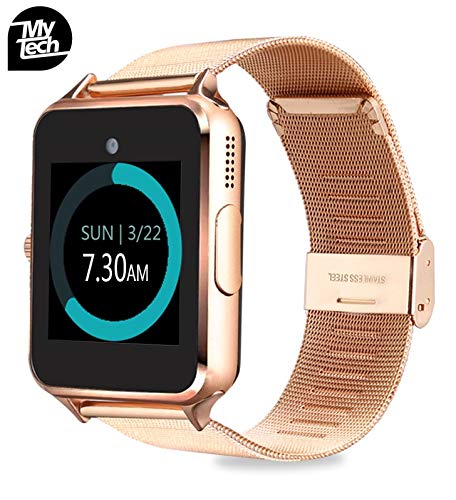MyTECH Smartwatch Z60 Reloj Celular con Extensible de Metal Bluetooth con Cámara para iPhone Android (Dorado)