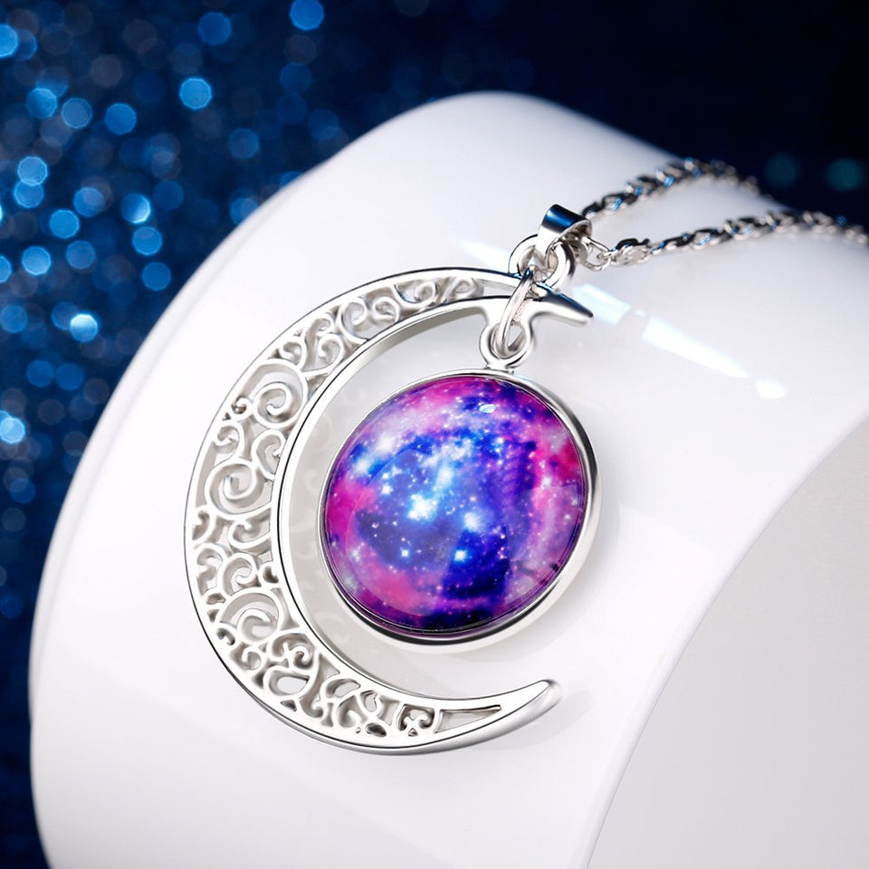 FANSING Precioso Collar para Mujer, Collares cósmicos de Luna Creciente, Joyas Universe Space, 18"+ 2" Cadena