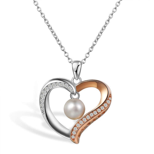 Aroncent Collar Mujer de 925 Plata de Ley Colgante Corazón con Perla Circonita Cadena Ajustable Joyería Joya Moda Diseño Original Regalo para Amor Madre Novia, Plata Oro