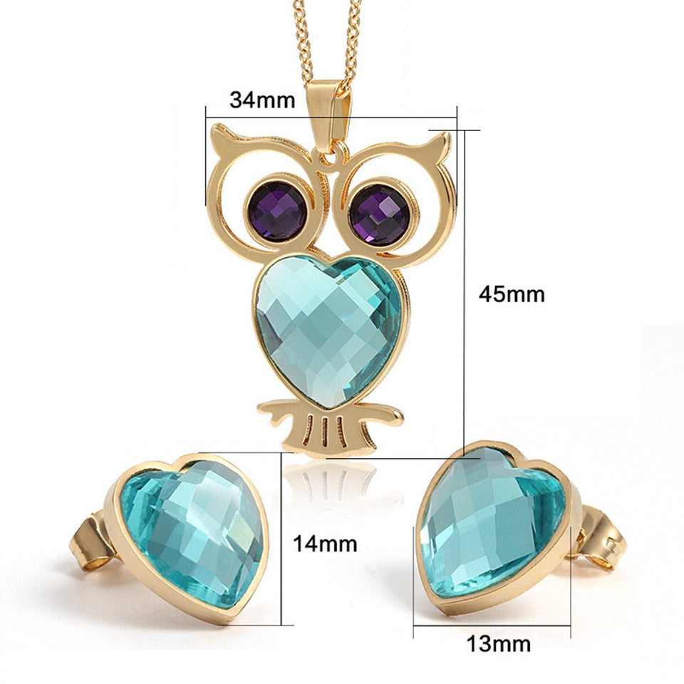 CARSINEL Chapado de 18K Oro para Joyería de Moda Collar de Mujer Juegos Búho Colgante Acero Inoxidable Collar Pendientes Cristal Juegos