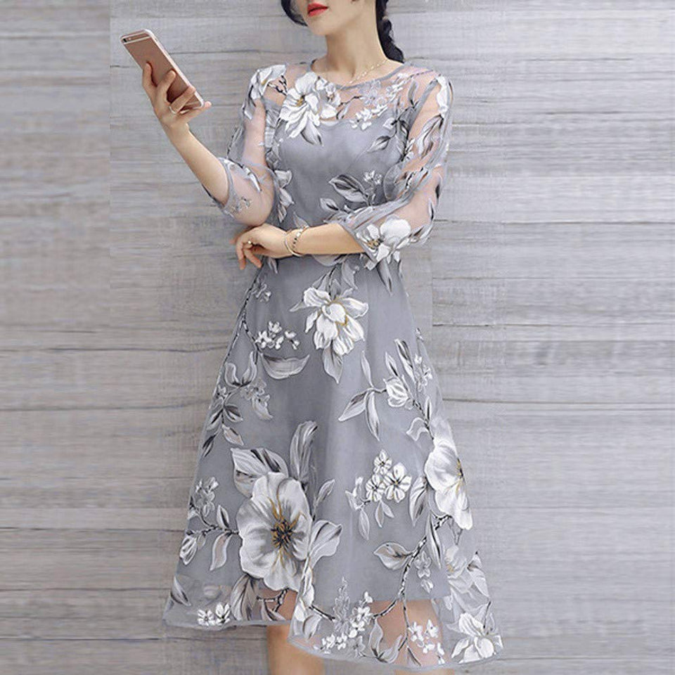 Vestido de Mujer Vestido de cóctel Cimaybo, Vestido de Fiesta, Vestido de Fiesta, Fiesta de Boda, Fiesta de Boda, Estampado Floral de Organza,Manga 3/4, línea Talle Alto