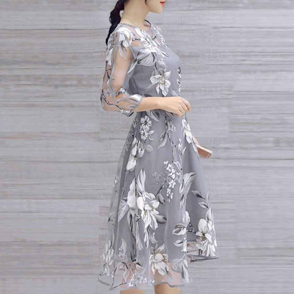 Vestido de Mujer Vestido de cóctel Cimaybo, Vestido de Fiesta, Vestido de Fiesta, Fiesta de Boda, Fiesta de Boda, Estampado Floral de Organza,Manga 3/4, línea Talle Alto