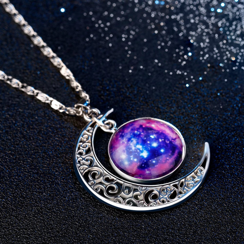 FANSING Precioso Collar para Mujer, Collares cósmicos de Luna Creciente, Joyas Universe Space, 18"+ 2" Cadena