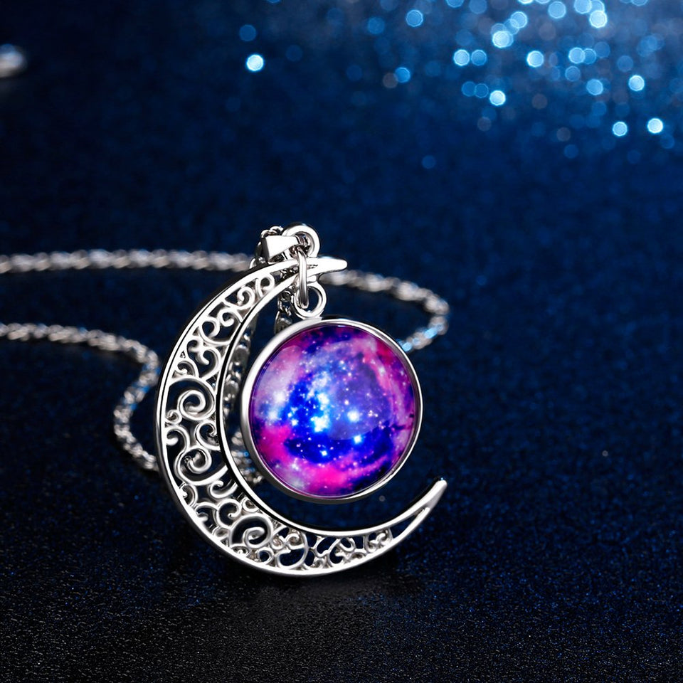 FANSING Precioso Collar para Mujer, Collares cósmicos de Luna Creciente, Joyas Universe Space, 18"+ 2" Cadena