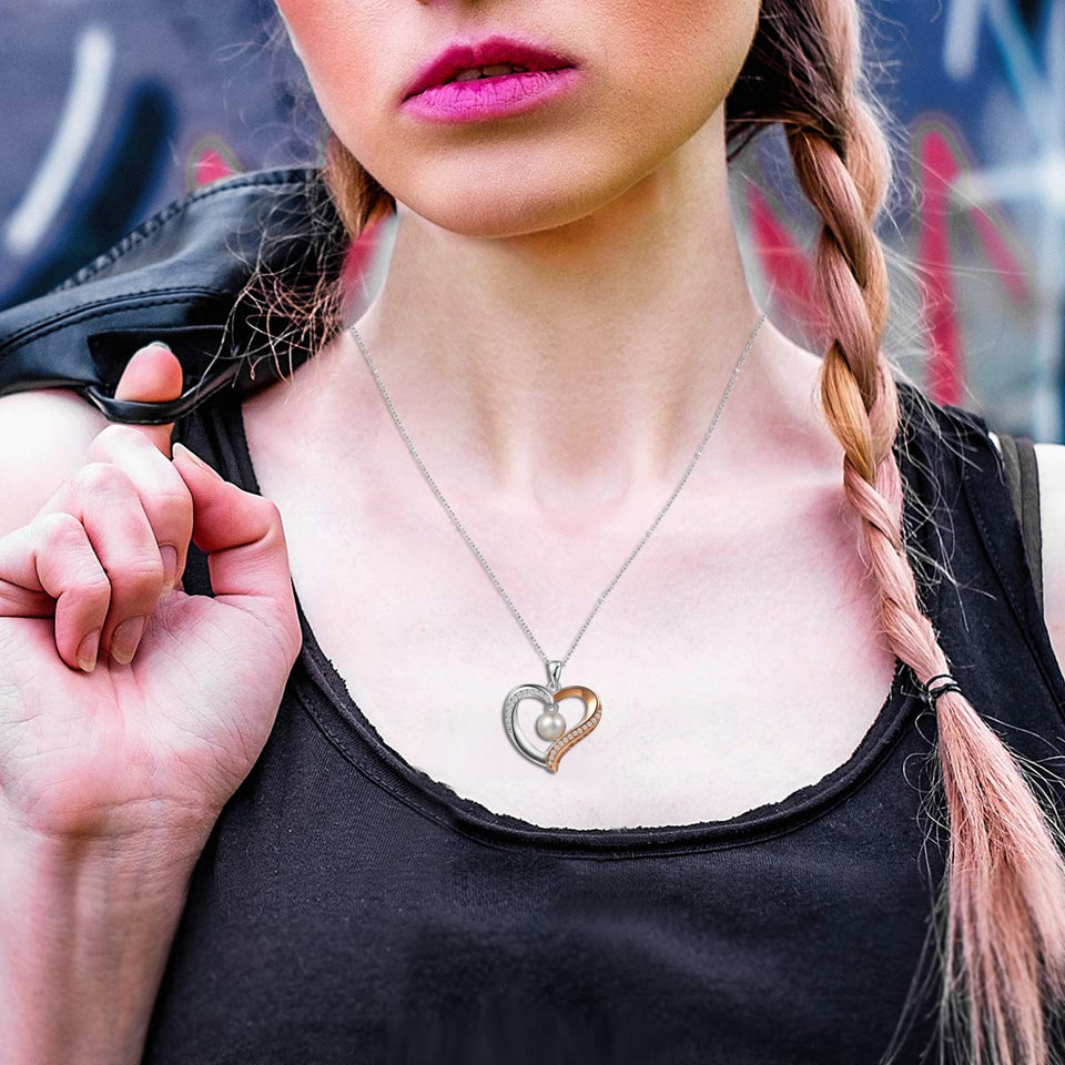 Aroncent Collar Mujer de 925 Plata de Ley Colgante Corazón con Perla Circonita Cadena Ajustable Joyería Joya Moda Diseño Original Regalo para Amor Madre Novia, Plata Oro