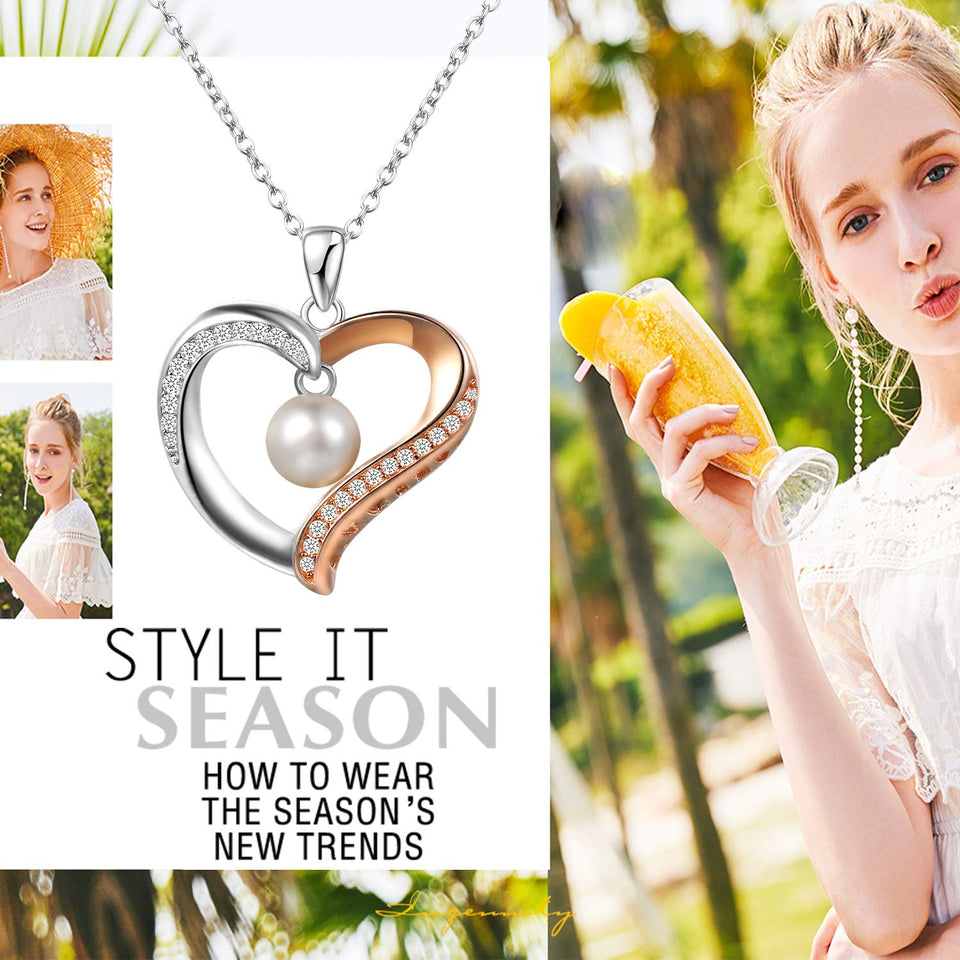 Aroncent Collar Mujer de 925 Plata de Ley Colgante Corazón con Perla Circonita Cadena Ajustable Joyería Joya Moda Diseño Original Regalo para Amor Madre Novia, Plata Oro