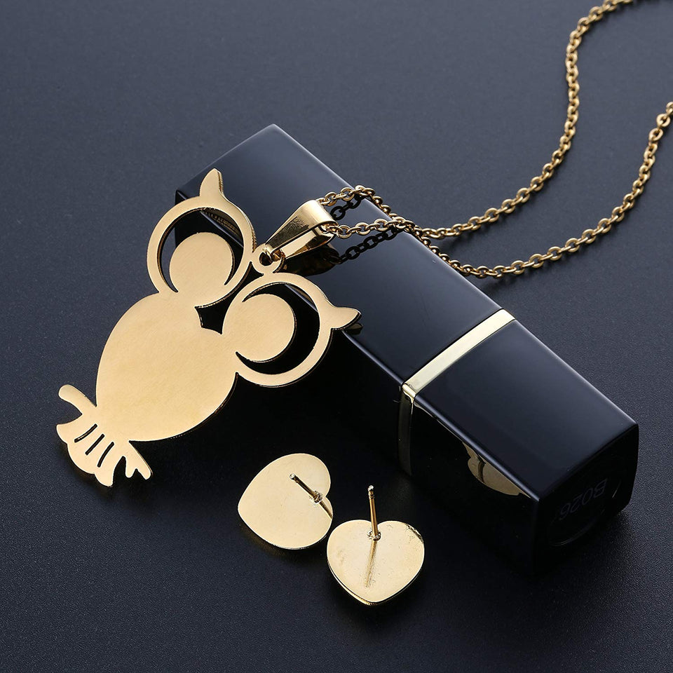 CARSINEL Chapado de 18K Oro para Joyería de Moda Collar de Mujer Juegos Búho Colgante Acero Inoxidable Collar Pendientes Cristal Juegos